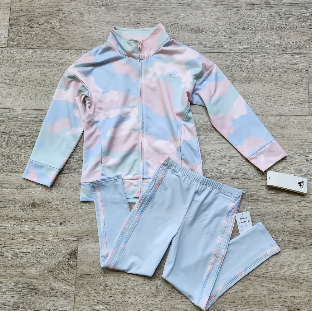 Adidas Kids Matching 2 Piece Matching Set Pink Blue Camo Jacket Leggings Girls 5